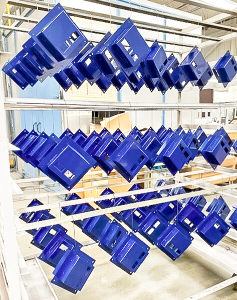 aluminum-powder-coating-blue-hanging-parts-gtr-manufacturing